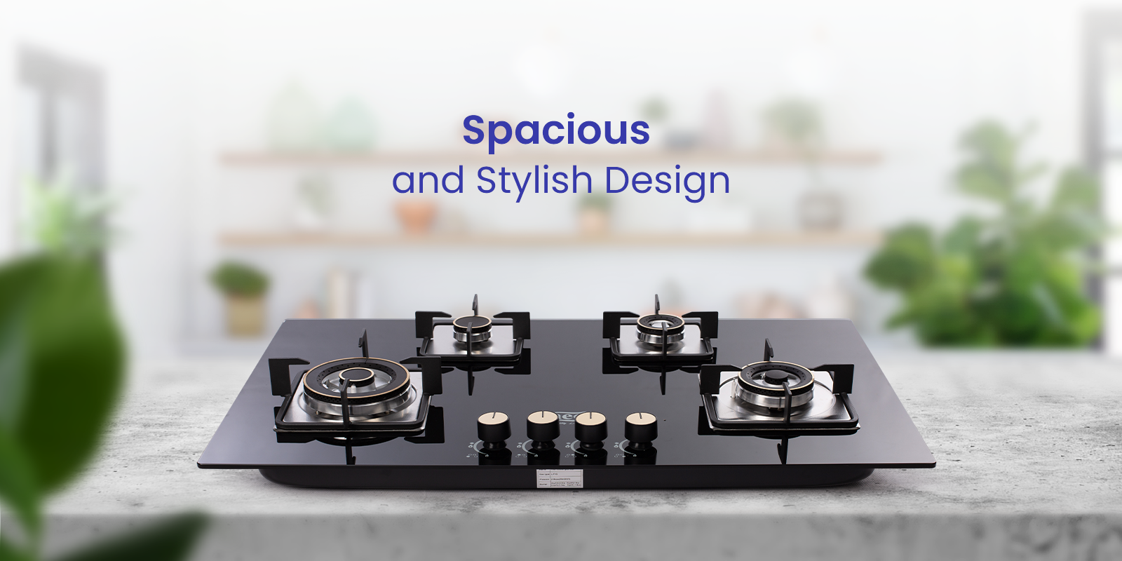 image of 4B-87 gas hob palcing on slab on open area with text spacious and stylish design