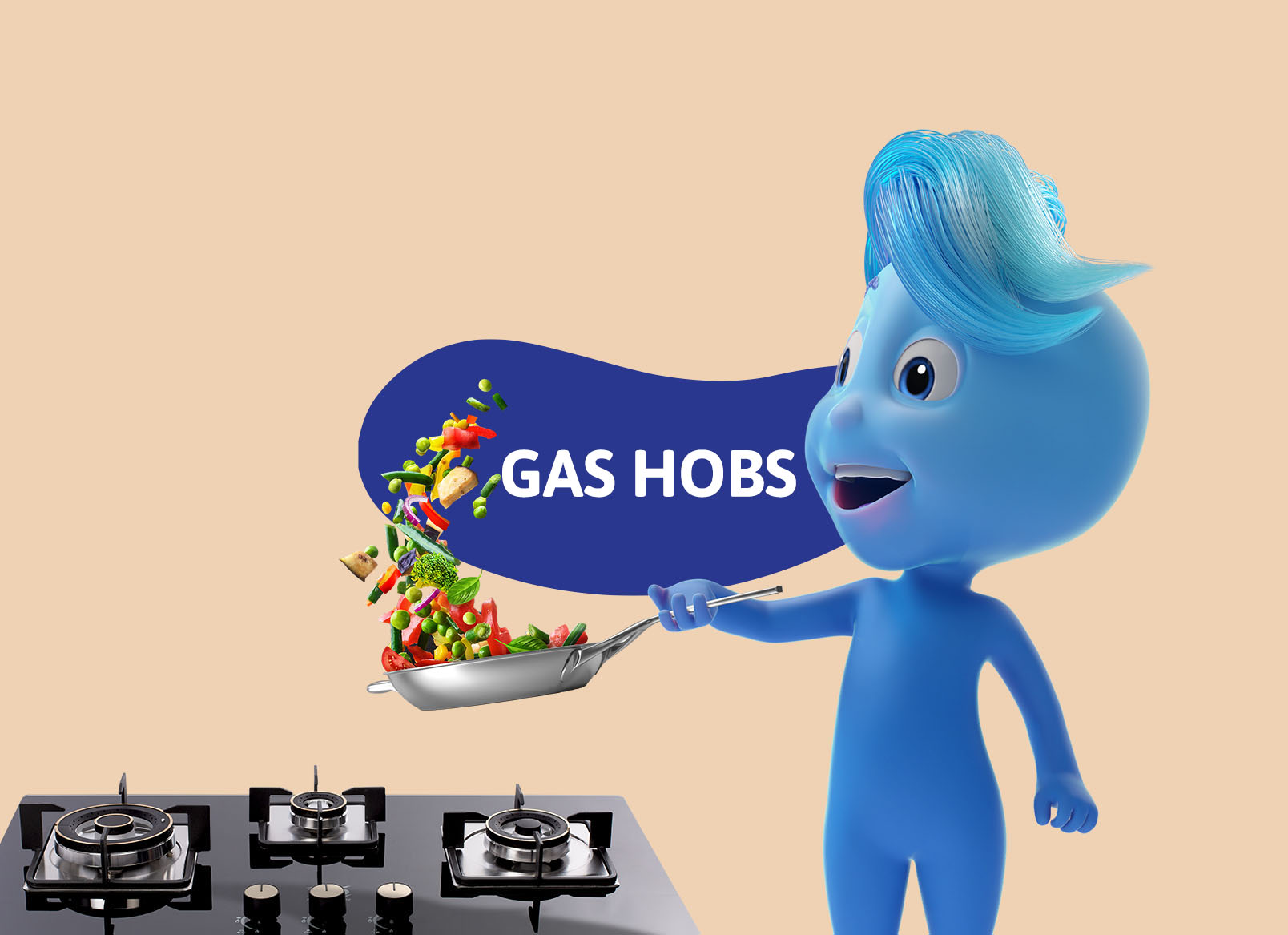 image showing text gas hobs on middle wrapped by irregular shape oval ,lavie tablet on left side and mascot cooking on right side