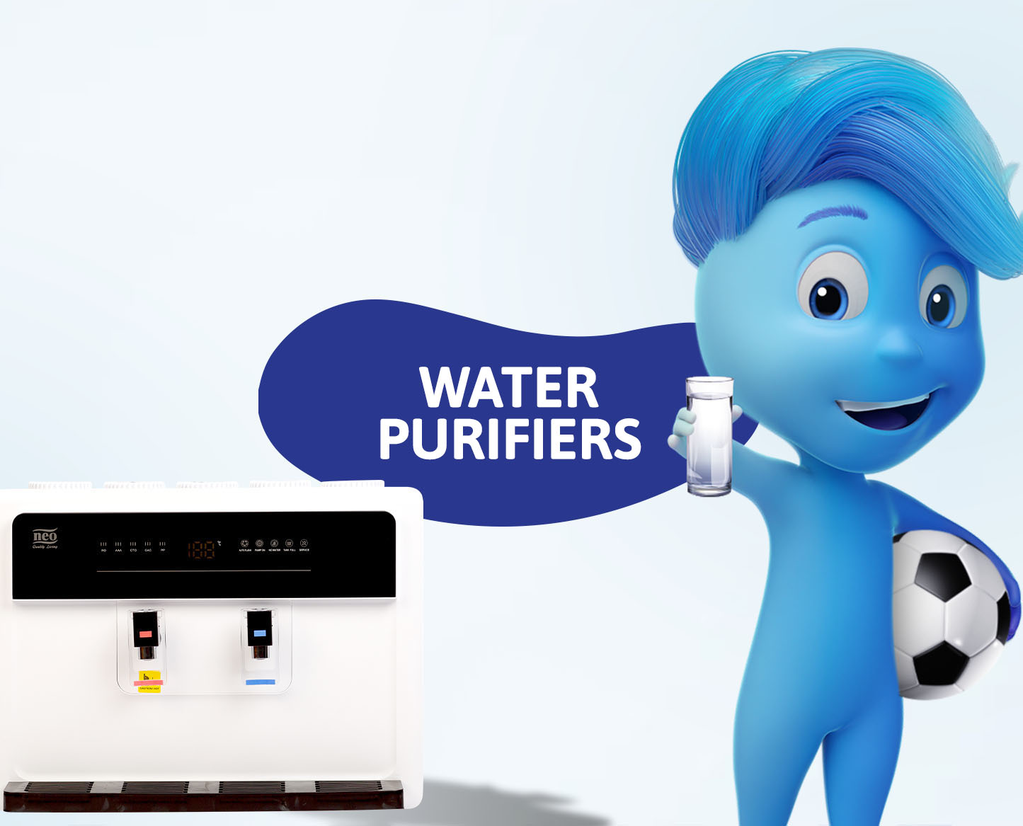 image showing neo smart water purifier on left side,mascot holding bottle of water in right side ,with text water purifiers on centre